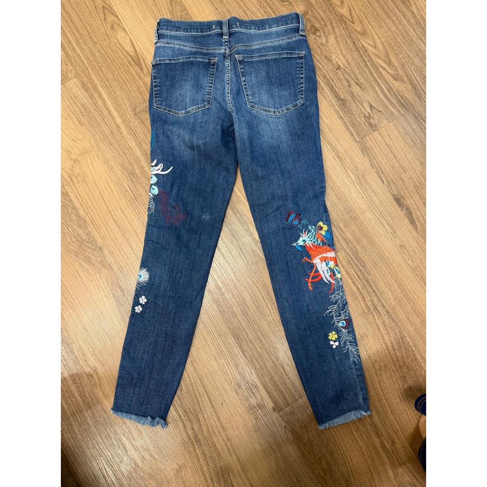 Free People Embroidered Peacock Skinny Jeans Blue Denim Raw Hem Size 27 - Picture 2 of 12